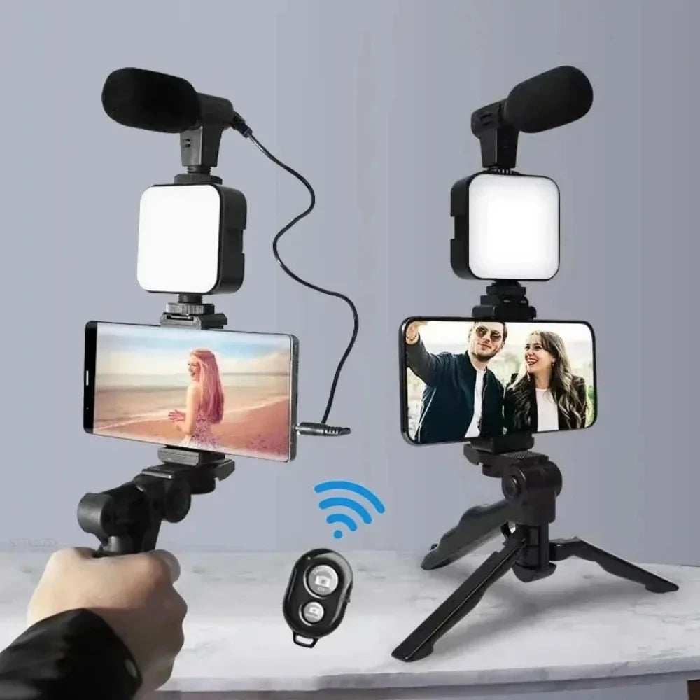 Smartphone Vlogging Kit With Tripod Phone Holder Mini Microphone LED Fill Light