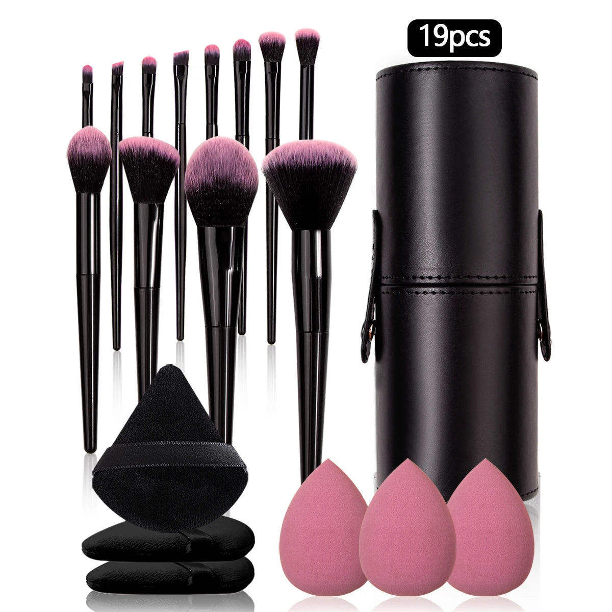 19PCS Set of 12 Makeup Brush Sets +3Pcs Triangular Powder Puff +3Pcs Non-Powder Makeup Egg +1Pcs Makeup Brush Storage Bucket