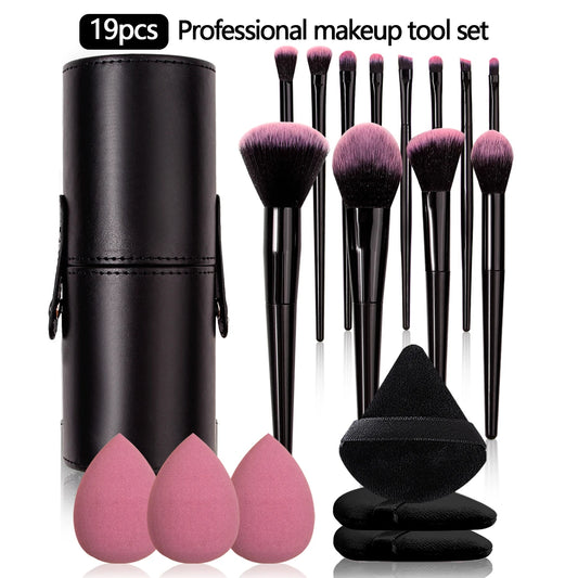 19PCS Set of 12 Makeup Brush Sets +3Pcs Triangular Powder Puff +3Pcs Non-Powder Makeup Egg +1Pcs Makeup Brush Storage Bucket