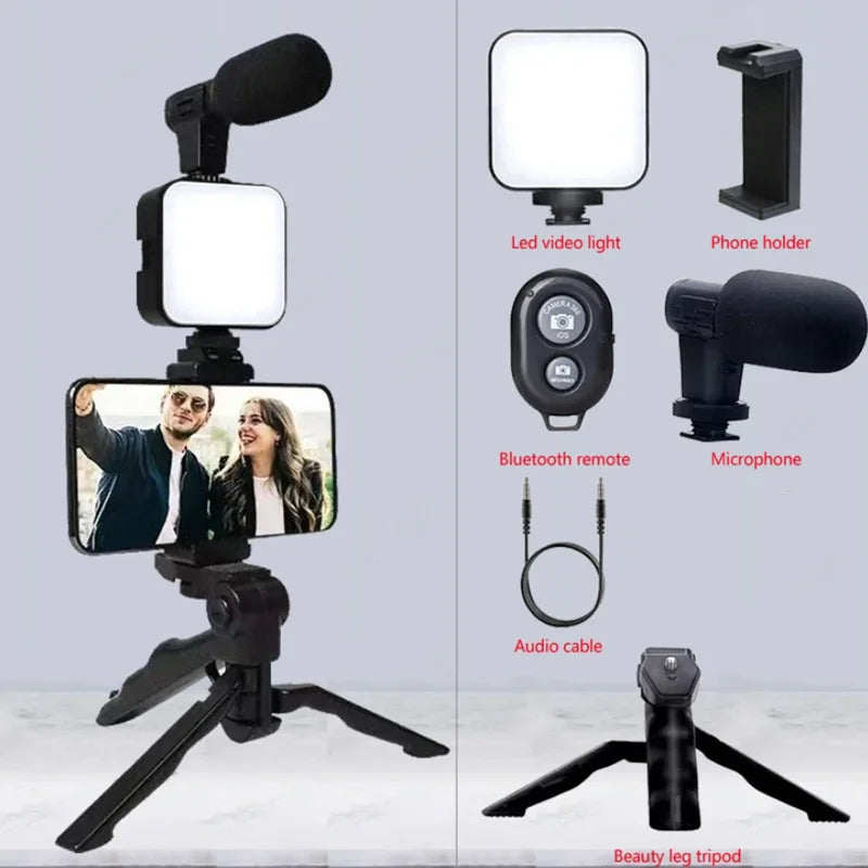Smartphone Vlogging Kit With Tripod Phone Holder Mini Microphone LED Fill Light