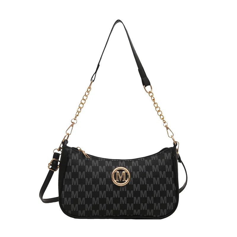 Vintage Style Handbag Crossbody Bag, Gold Letter 'M' Design Pu Leather Shoulder Messenger Bag, Synthetic Leather Tote Bag, Purse