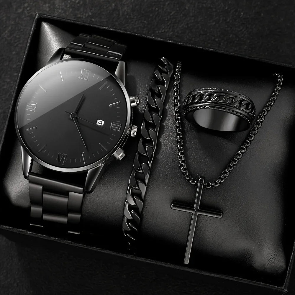 Men's Black Minimalist Quartz Watch, No.2 Link Necklace and Ring