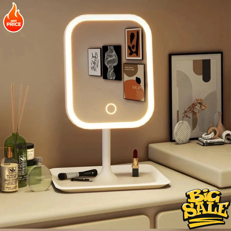 New LED Modern Desktop Vanity Mirror Portable 3 Color Light Touch Control Makeup