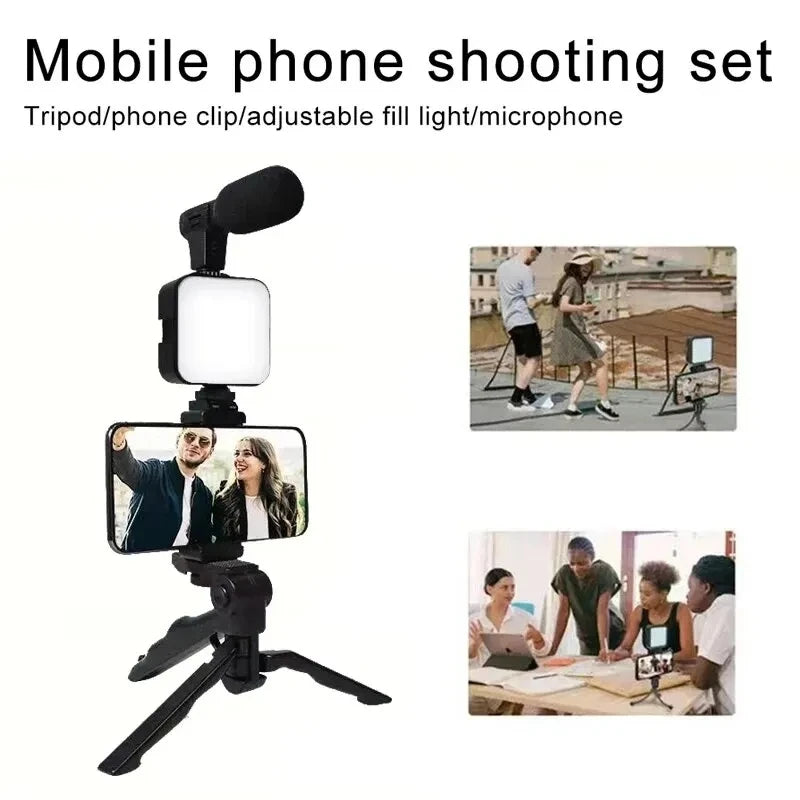 Smartphone Vlogging Kit With Tripod Phone Holder Mini Microphone LED Fill Light