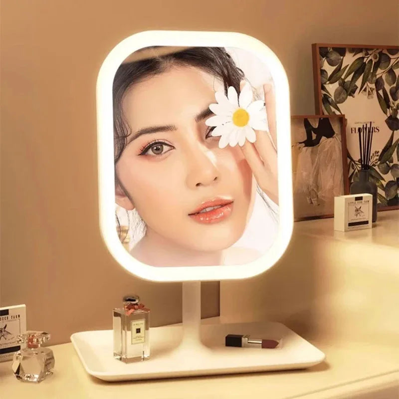 New LED Modern Desktop Vanity Mirror Portable 3 Color Light Touch Control Makeup