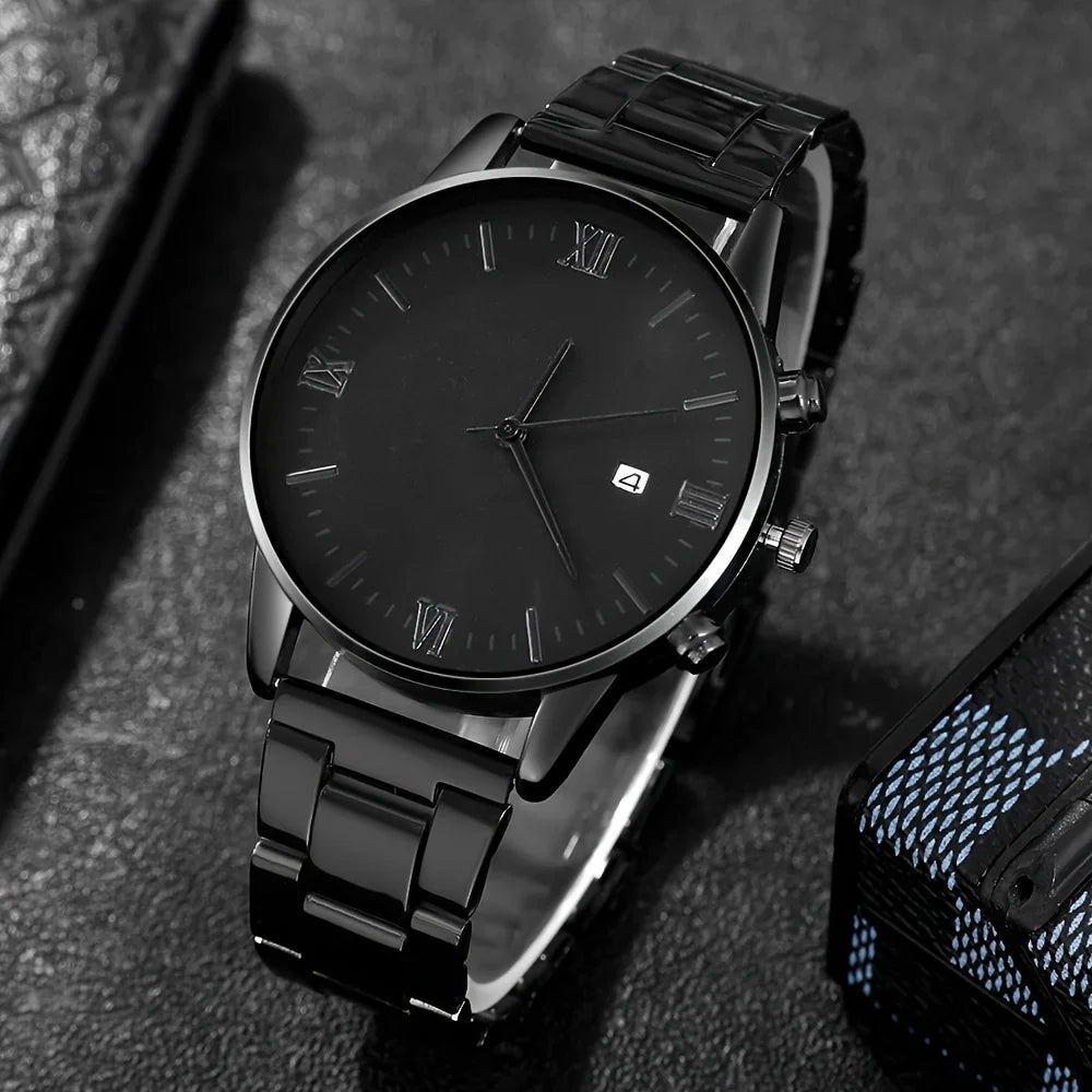 Men's Black Minimalist Quartz Watch, No.2 Link Necklace and Ring