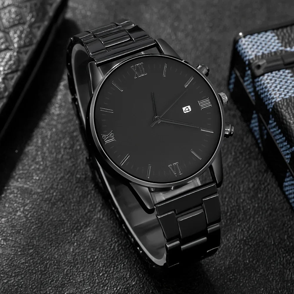 Men's Black Minimalist Quartz Watch, No.2 Link Necklace and Ring