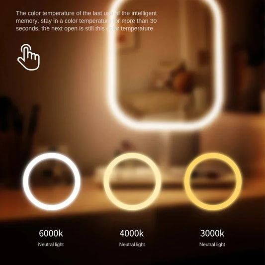 New LED Modern Desktop Vanity Mirror Portable 3 Color Light Touch Control Makeup