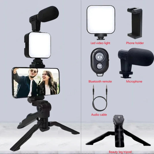 Smartphone Vlogging Kit With Tripod Phone Holder Mini Microphone LED Fill Light